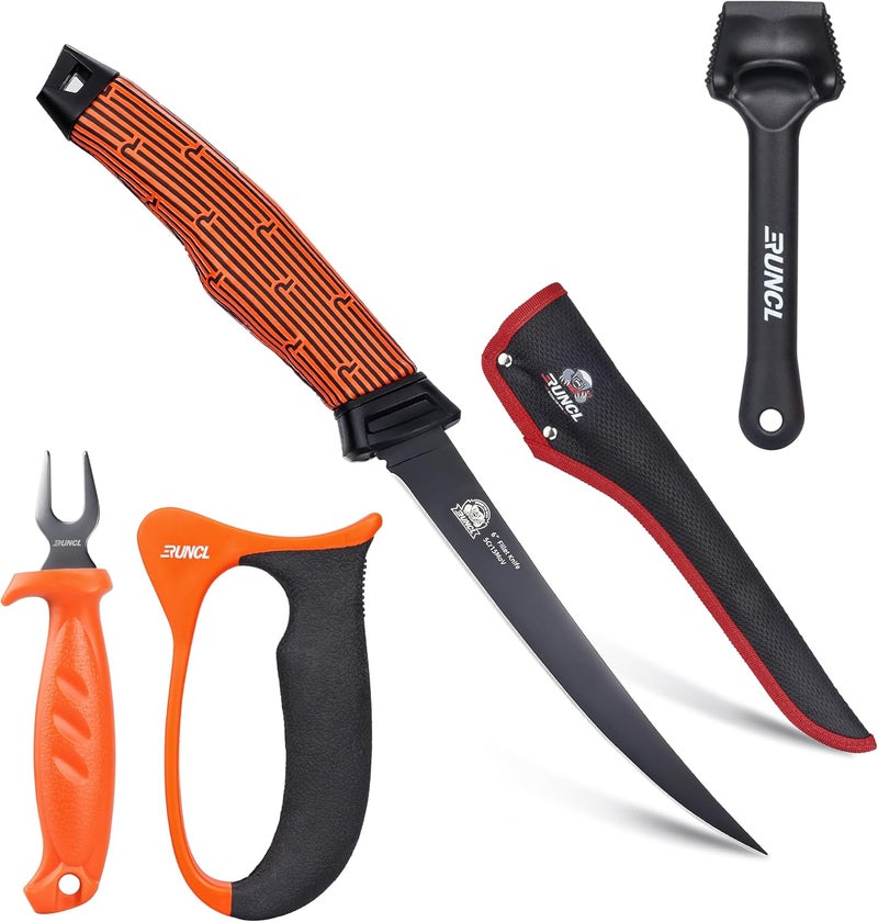 PROBITE RUNCL Fishing Fillet Knife Combo Set, Fishing Tools Kit With 6" Fillet Knife, Fillet Fork, Knife Sharpener and Fish Scaler Remover, 4 Pieces fishing Kit Tool, Perfect for Fresh or Saltwater - Image 1